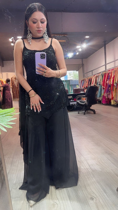 Bollywood Black 3pc Set Designer Plazoo Set (Sleeve Fabric Attached)