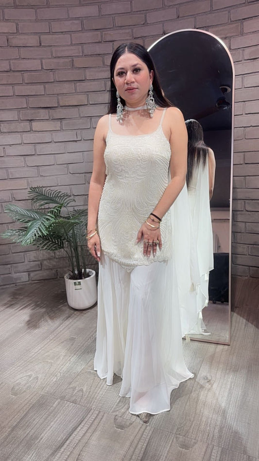 Bollywood Ivory 3pc Set Designer Plazoo Set (Sleeve Fabric Attached)