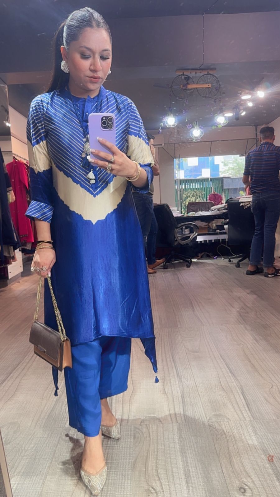 Ziory Electric Blue Digital Tunic Set (with Neck pc)