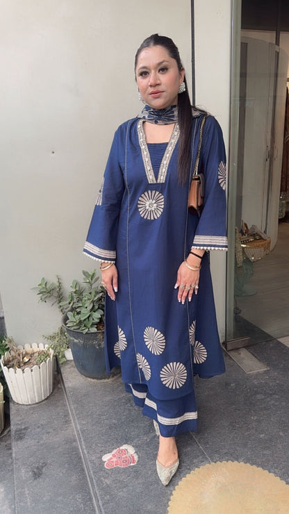 Ghar Navy Blue Cotton A-Line Suit