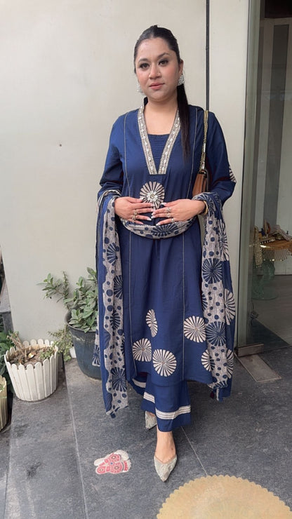 Ghar Navy Blue Cotton A-Line Suit