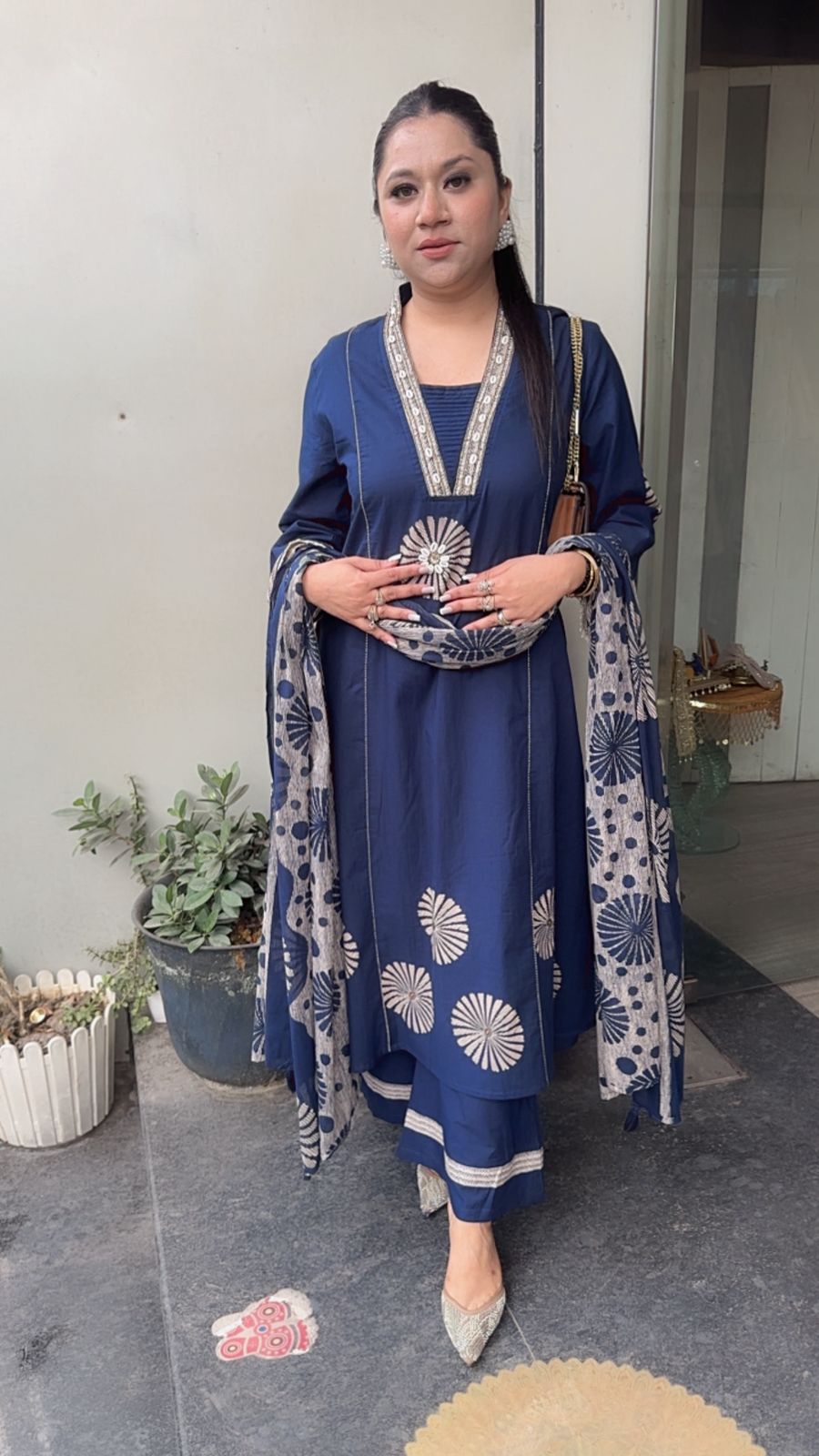 Ghar Navy Blue Cotton A-Line Suit