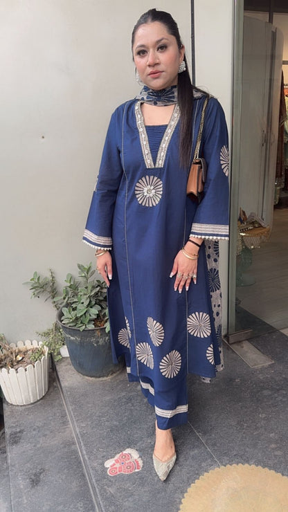 Ghar Navy Blue Cotton A-Line Suit