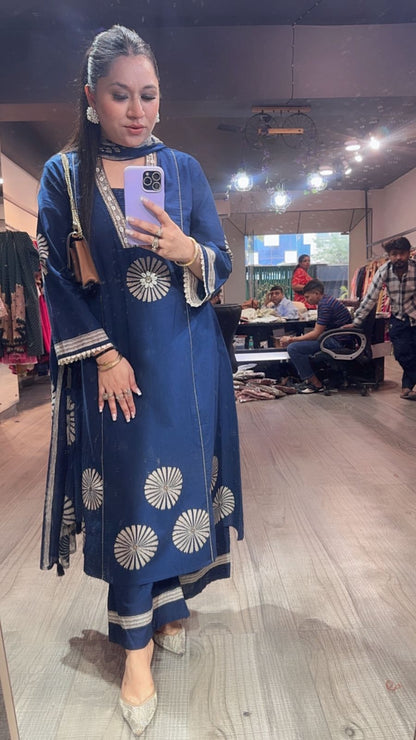 Ghar Navy Blue Cotton A-Line Suit