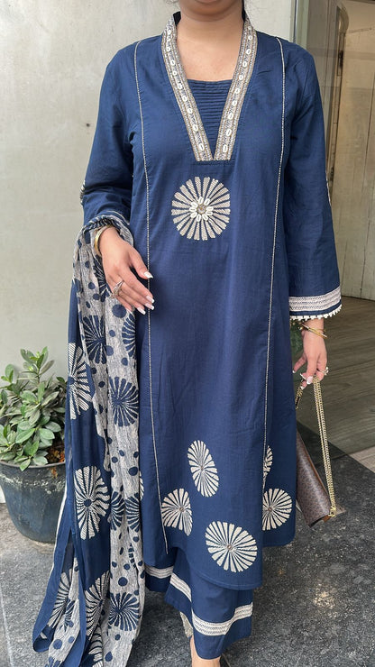 Ghar Navy Blue Cotton A-Line Suit