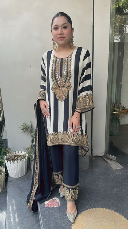 Misso Black white Digital Print C-Cut Style Designer Suit