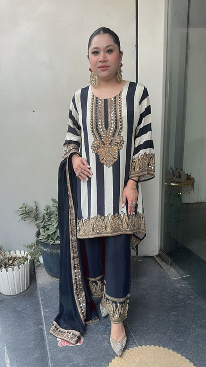 Misso Black white Digital Print C-Cut Style Designer Suit