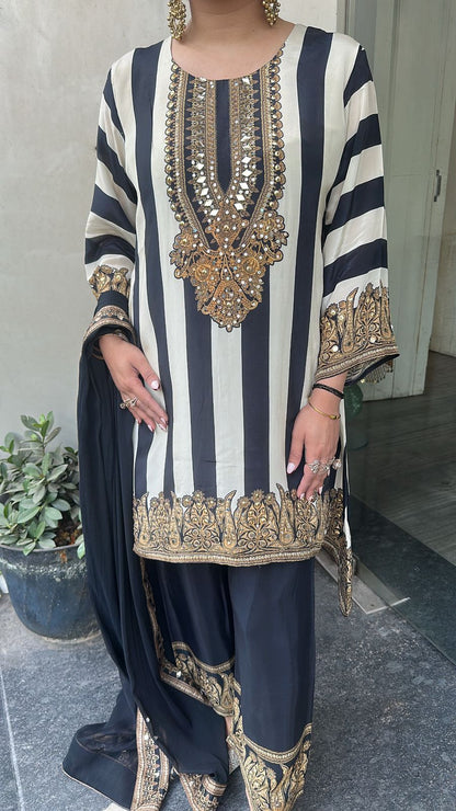 Misso Black white Digital Print C-Cut Style Designer Suit