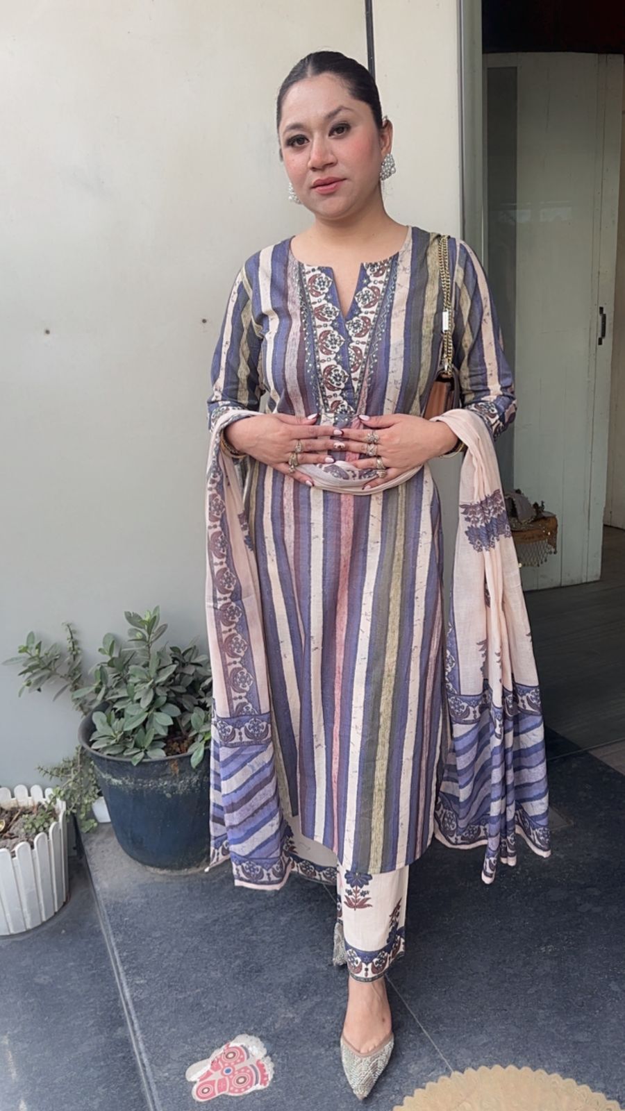 Folga purple Beige Cotton Designer Suit