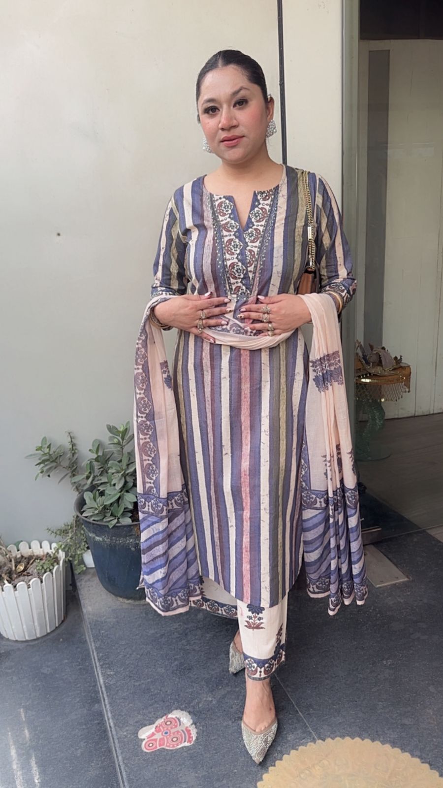 Folga purple Beige Cotton Designer Suit