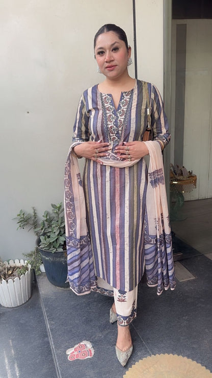 Folga purple Beige Cotton Designer Suit