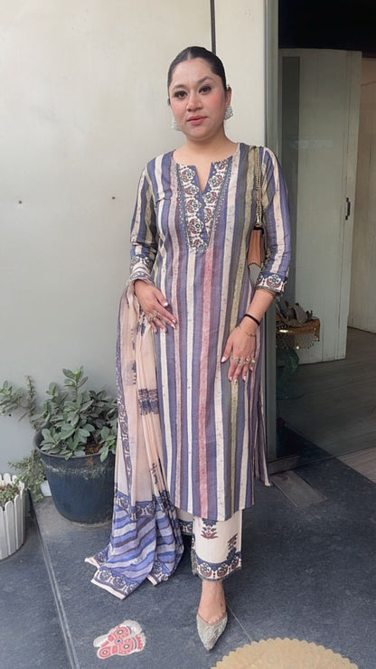 Folga purple Beige Cotton Designer Suit