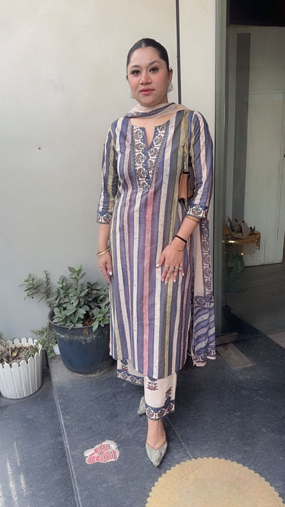 Folga purple Beige Cotton Designer Suit