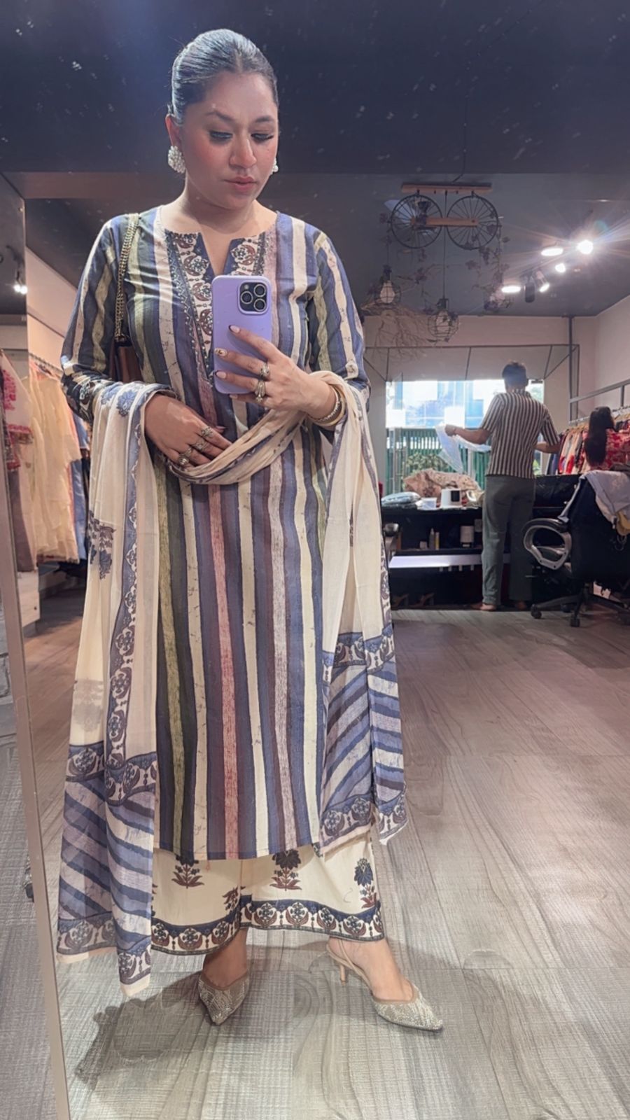 Folga purple Beige Cotton Designer Suit