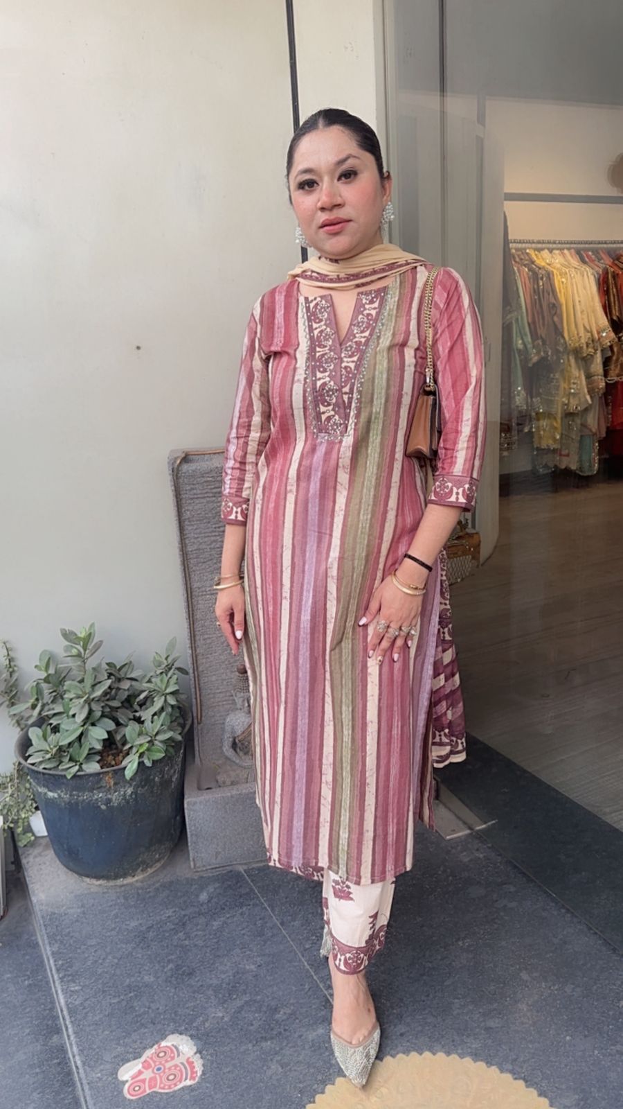 Folga pink Beige Cotton Designer Suit