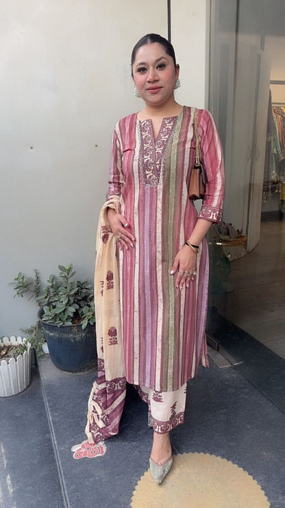 Folga pink Beige Cotton Designer Suit