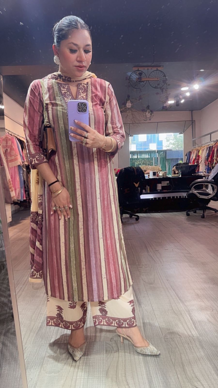 Folga pink Beige Cotton Designer Suit