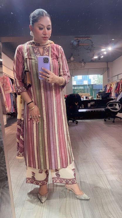 Folga pink Beige Cotton Designer Suit