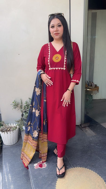 Evil Eye 🧿 Mahroon Blue Cotton Designer Suit
