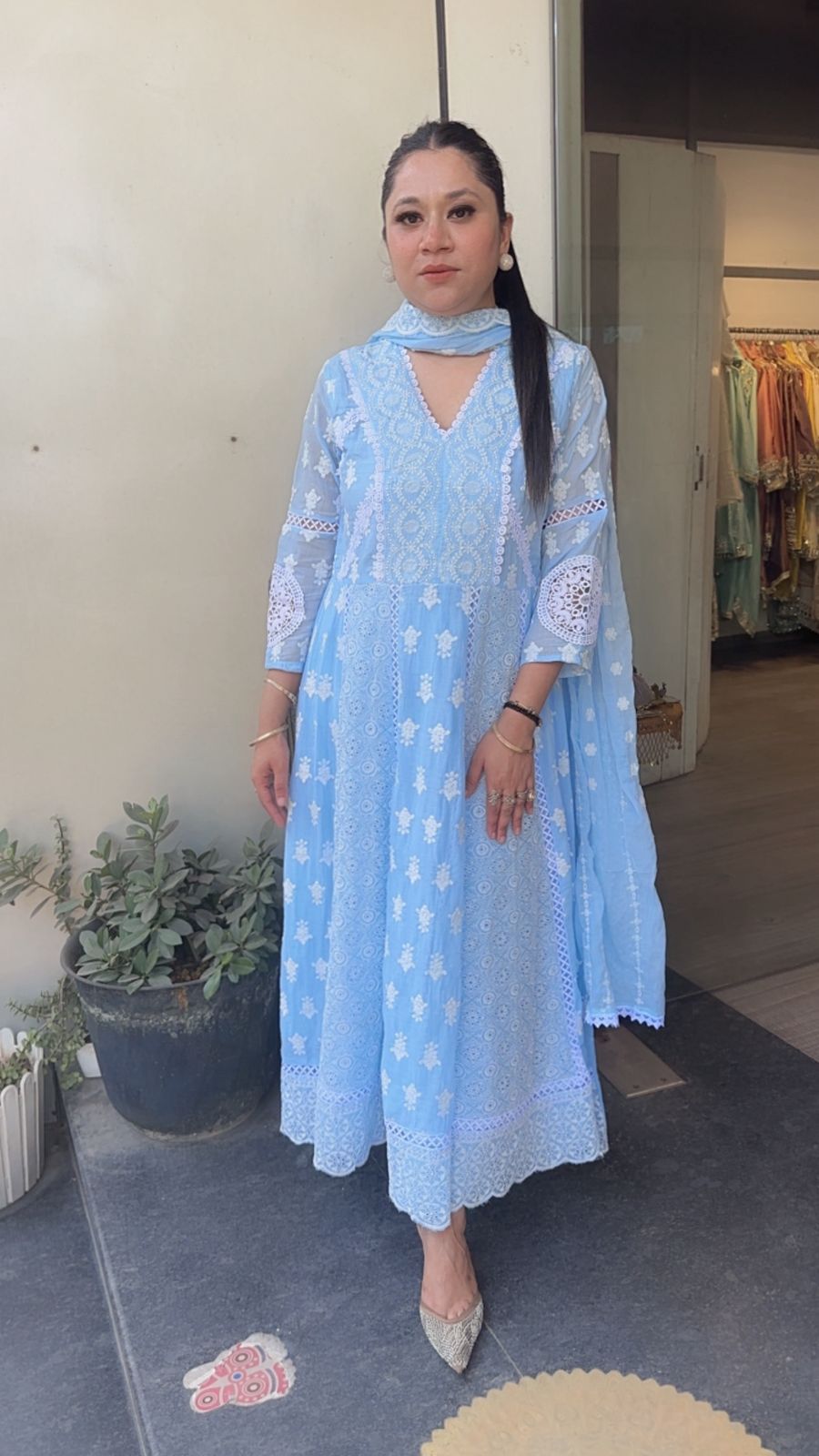 Kari Aqua chikankari Anarkali Designer Suit