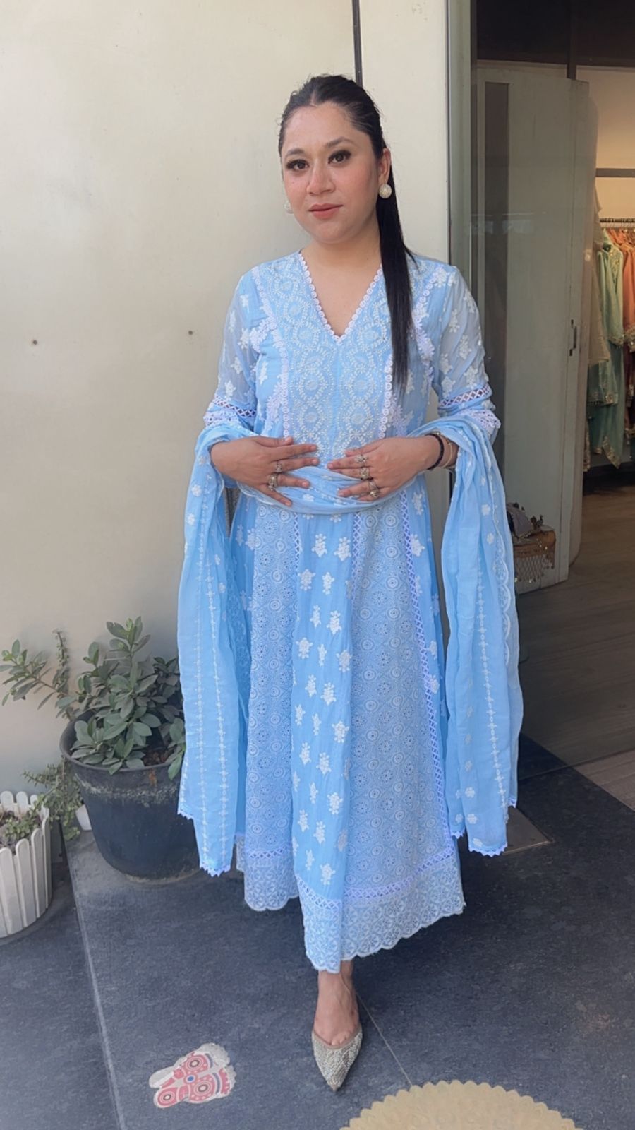 Kari Aqua chikankari Anarkali Designer Suit