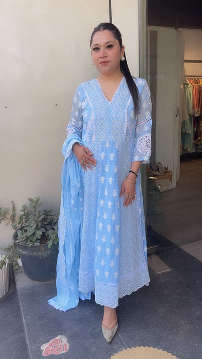 Kari Aqua chikankari Anarkali Designer Suit
