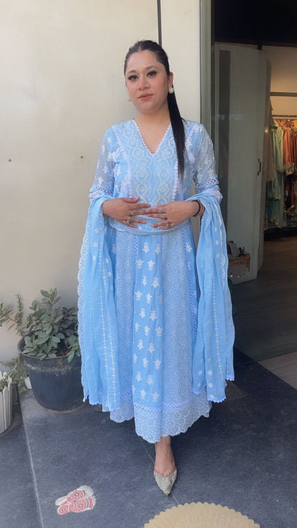 Kari Aqua chikankari Anarkali Designer Suit