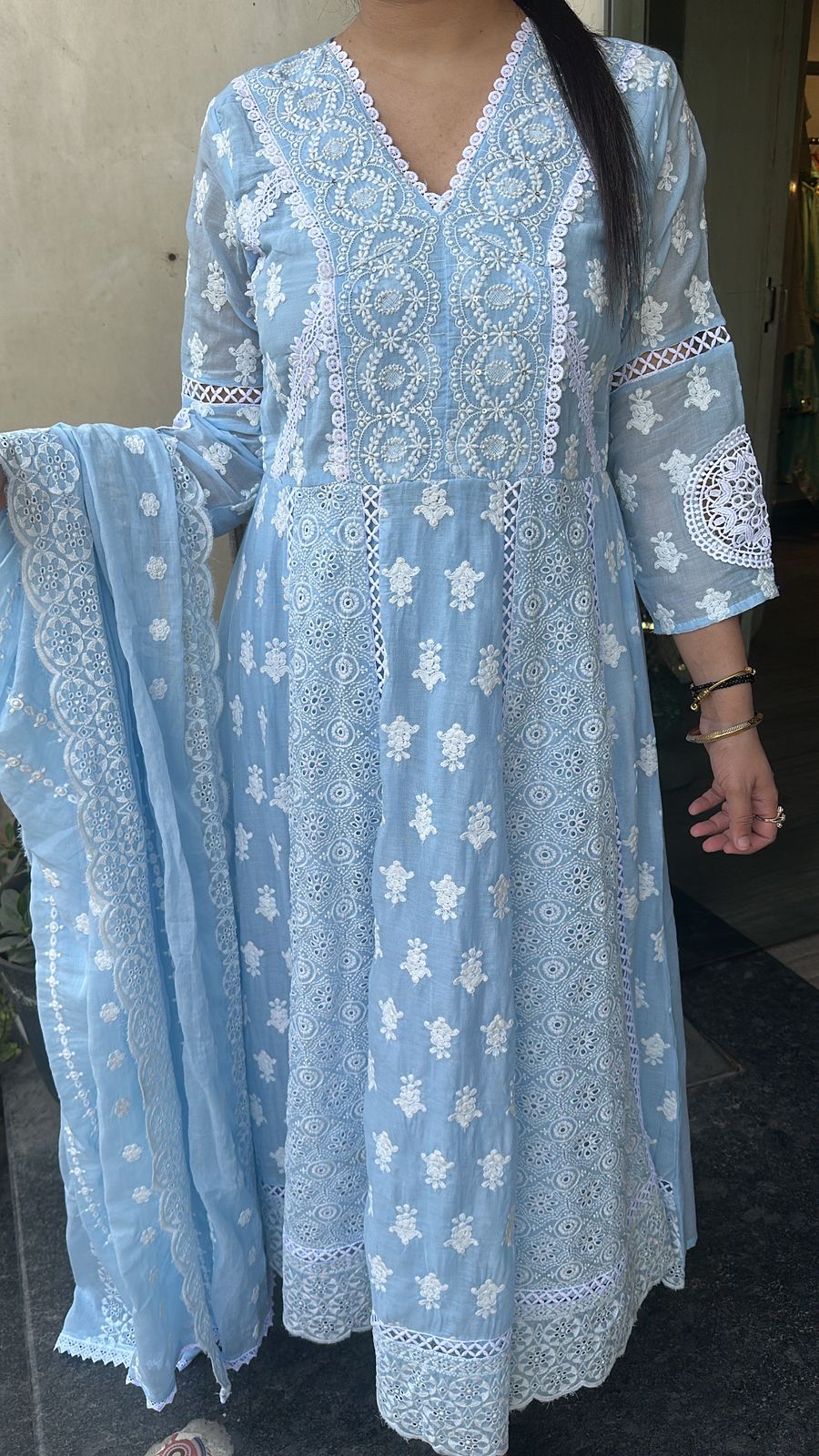 Kari Aqua chikankari Anarkali Designer Suit