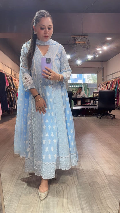 Kari Aqua chikankari Anarkali Designer Suit