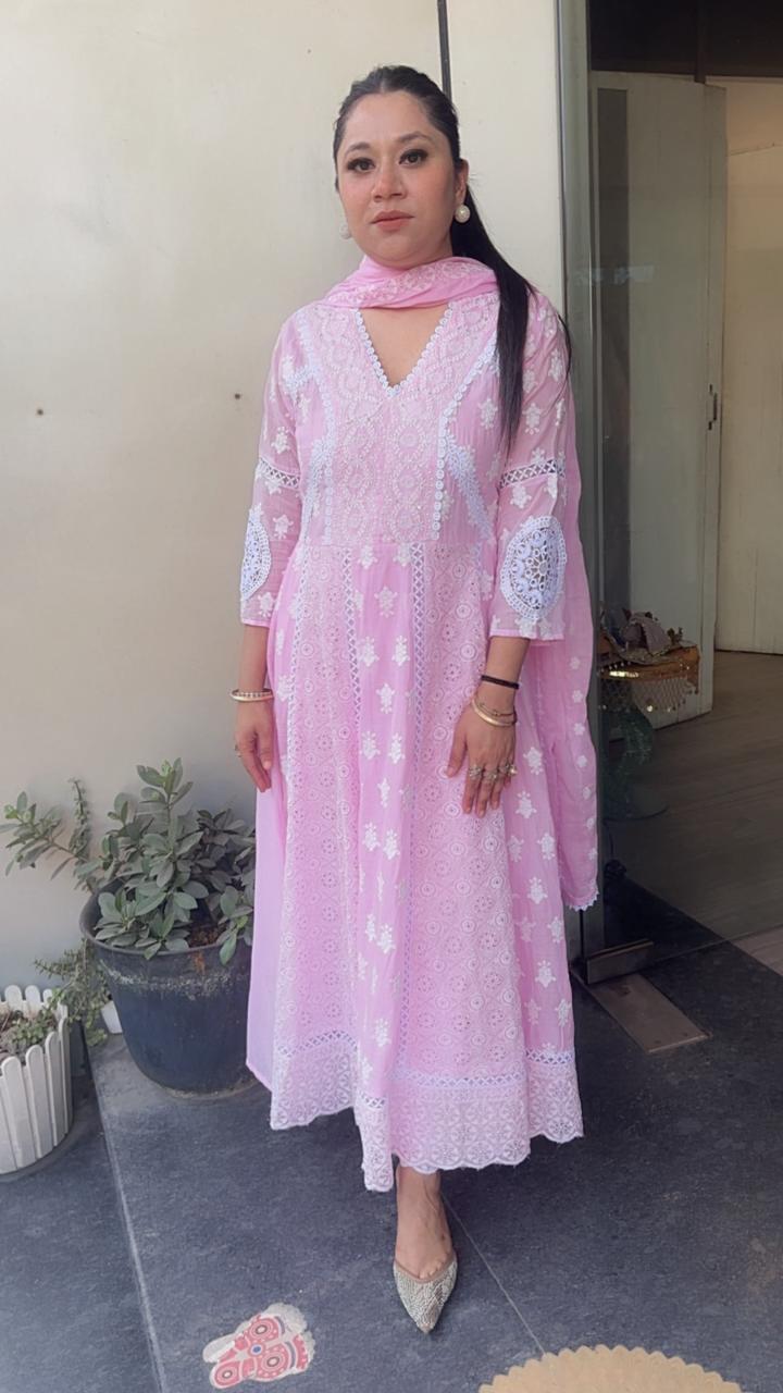Kari Baby Pink Chikankari Anarkali Designer Suit