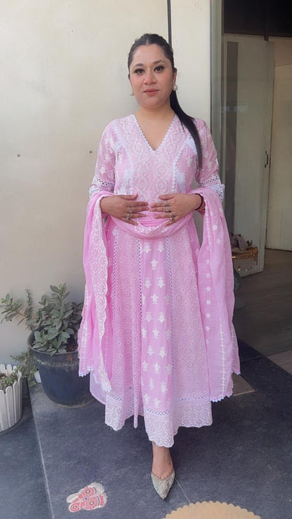 Kari Baby Pink Chikankari Anarkali Designer Suit