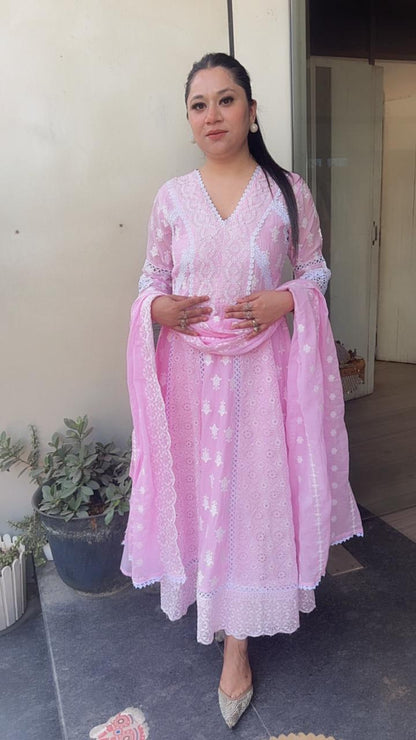 Kari Baby Pink Chikankari Anarkali Designer Suit