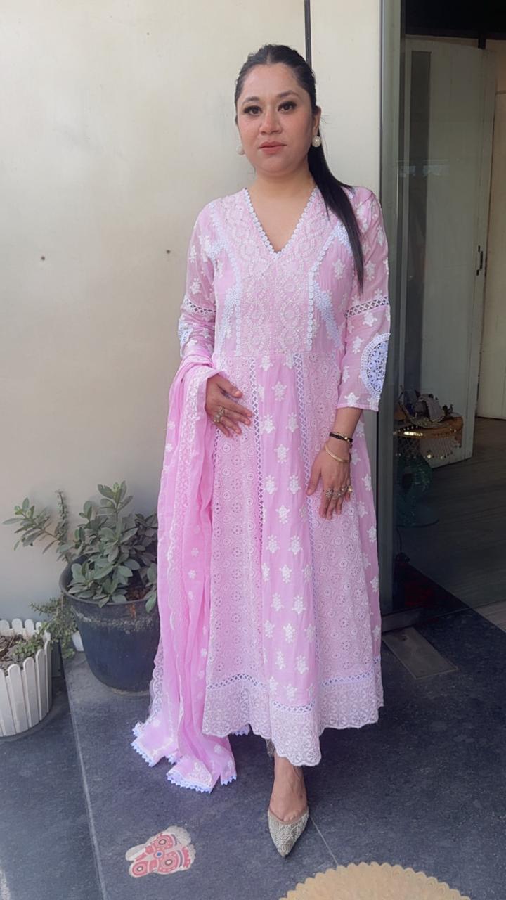 Kari Baby Pink Chikankari Anarkali Designer Suit