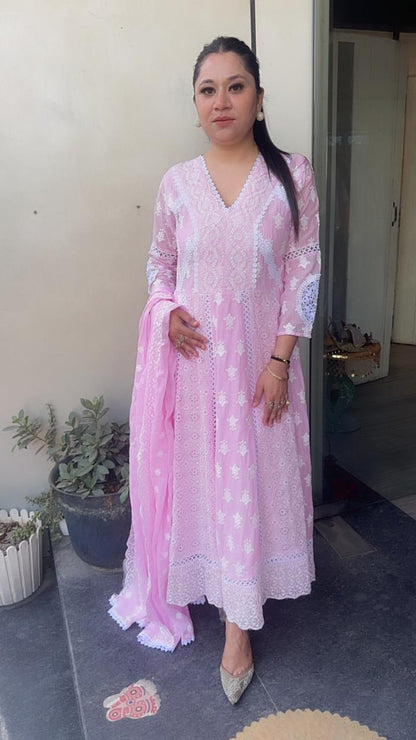 Kari Baby Pink Chikankari Anarkali Designer Suit