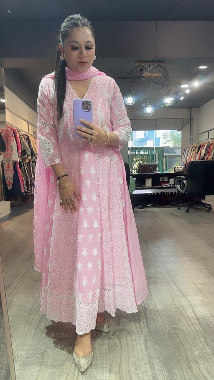 Kari Baby Pink Chikankari Anarkali Designer Suit