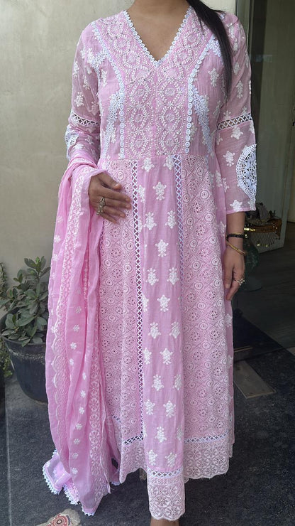 Kari Baby Pink Chikankari Anarkali Designer Suit
