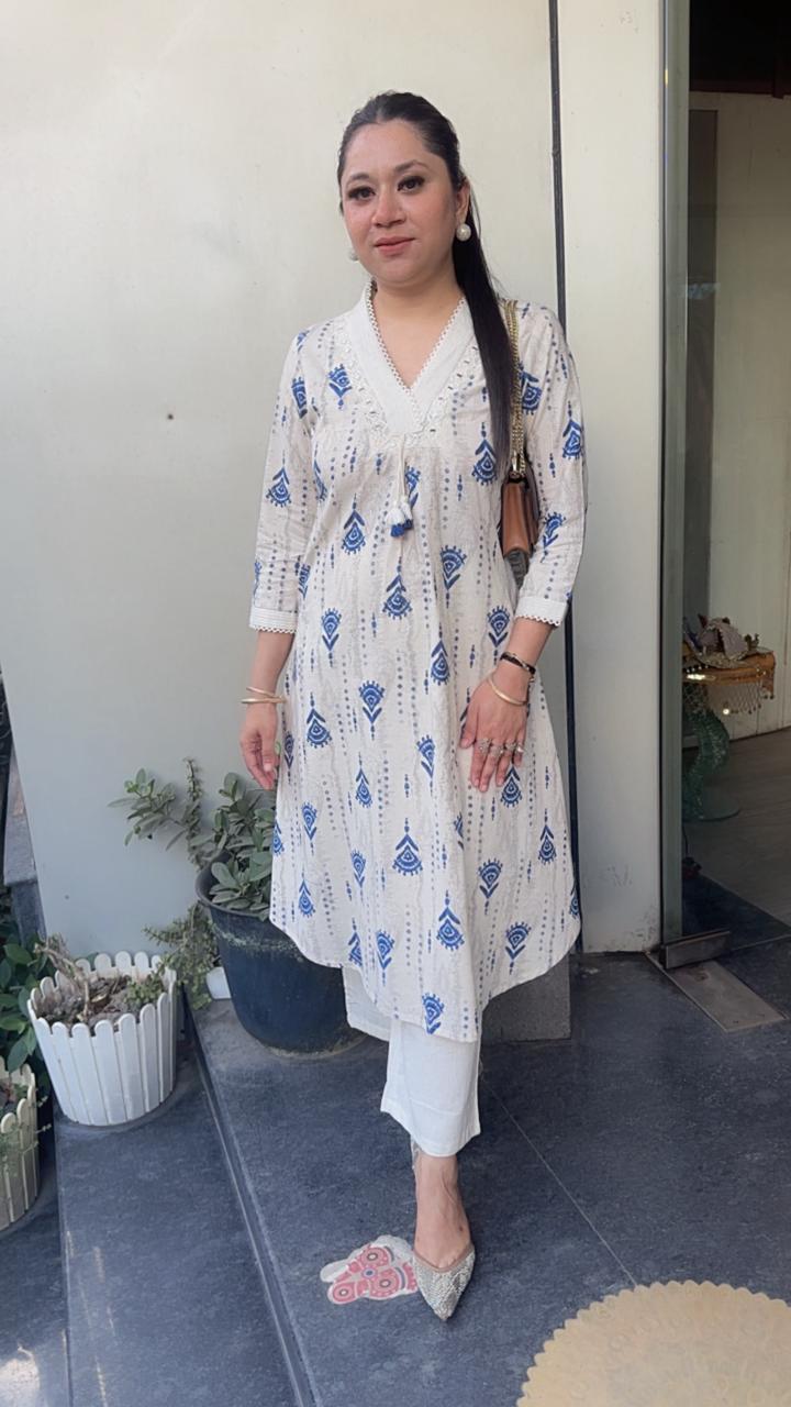 Tik Tok Blue Ivory cotton Tunic Set