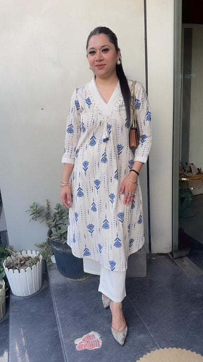 Tik Tok Blue Ivory cotton Tunic Set