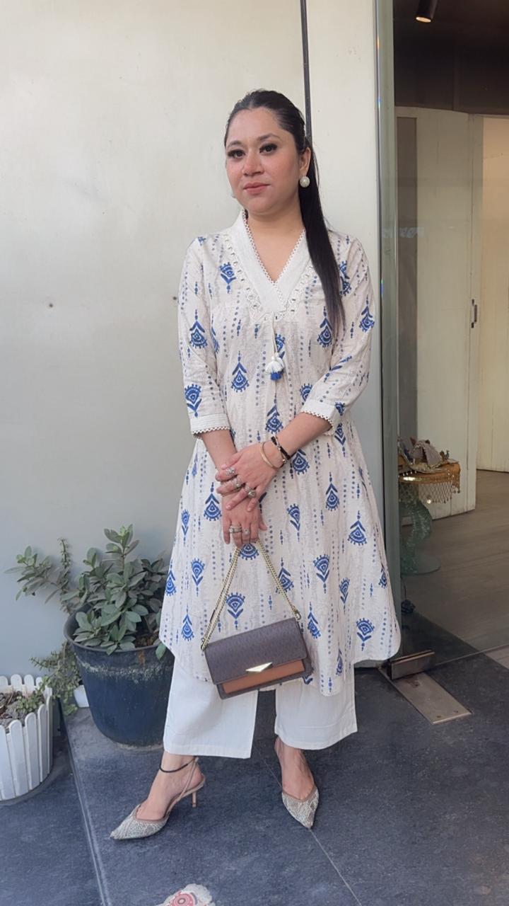 Tik Tok Blue Ivory cotton Tunic Set
