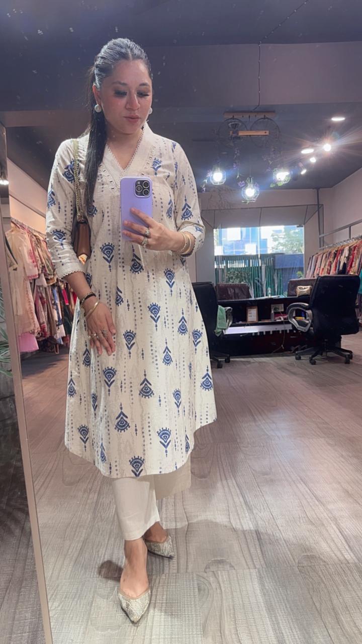 Tik Tok Blue Ivory cotton Tunic Set