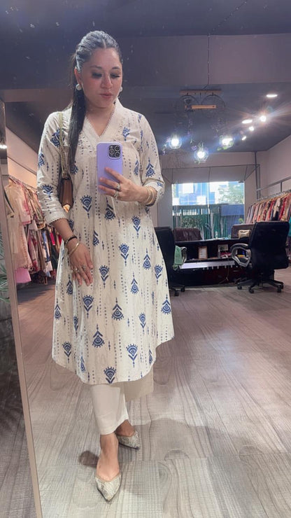 Tik Tok Blue Ivory cotton Tunic Set