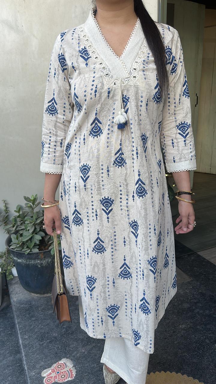 Tik Tok Blue Ivory cotton Tunic Set