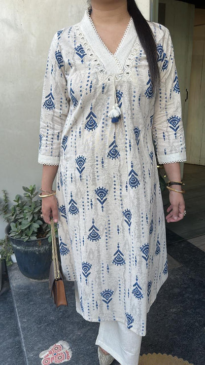 Tik Tok Blue Ivory cotton Tunic Set