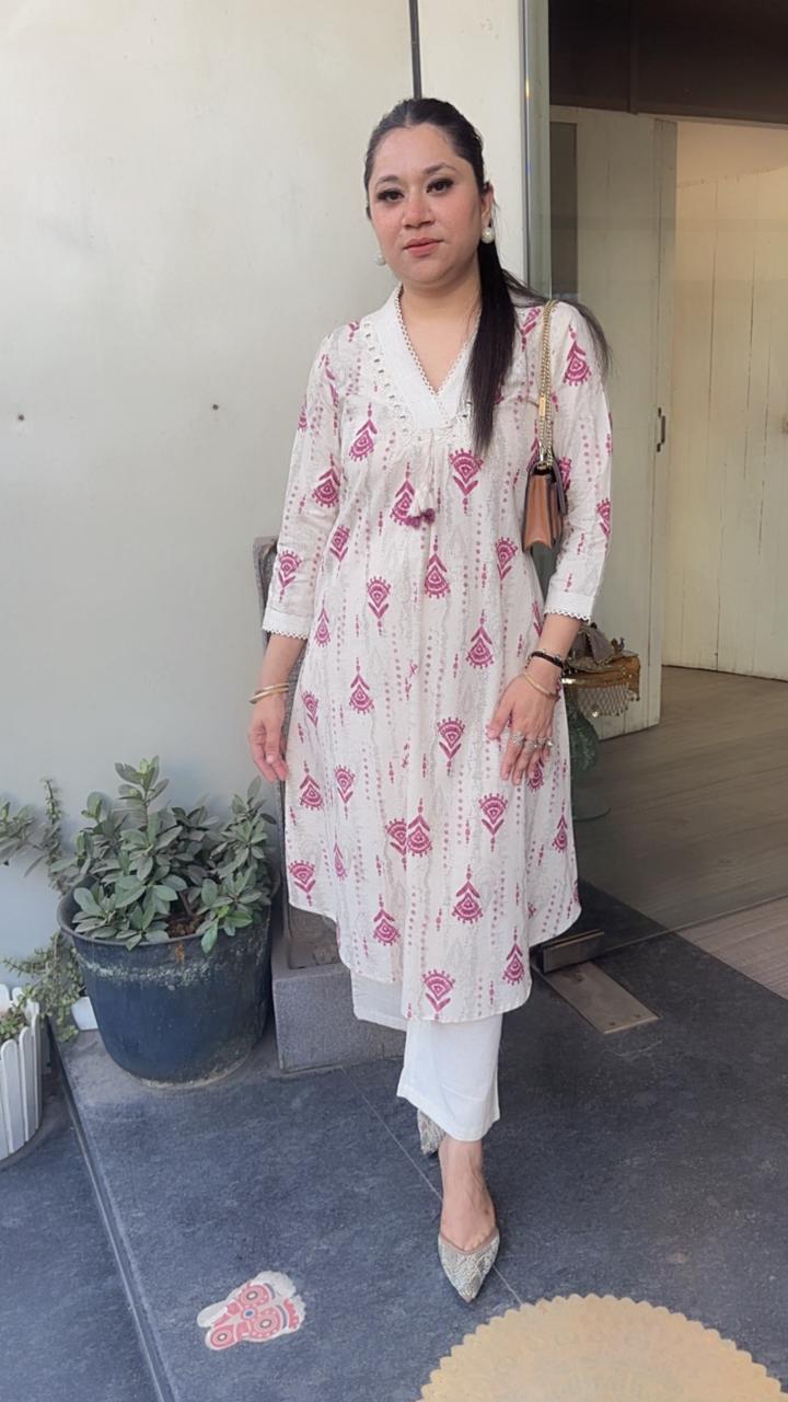 Tik Tok Magenta Ivory cotton Tunic Set