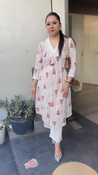 Tik Tok Magenta Ivory cotton Tunic Set