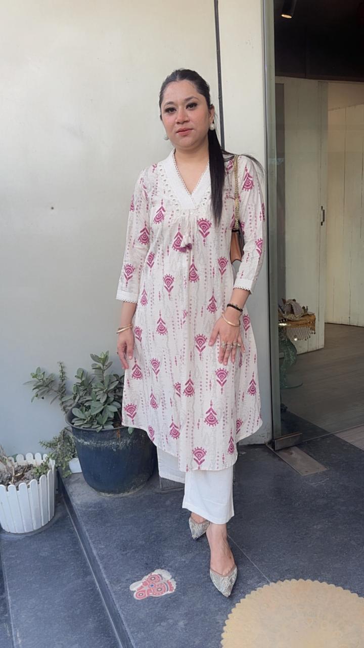 Tik Tok Magenta Ivory cotton Tunic Set