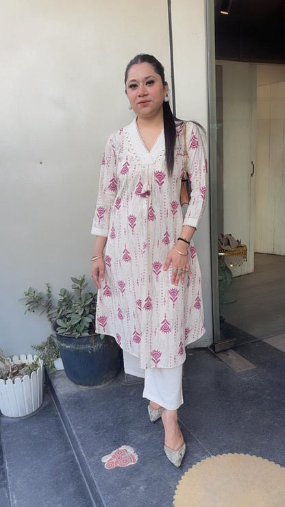 Tik Tok Magenta Ivory cotton Tunic Set