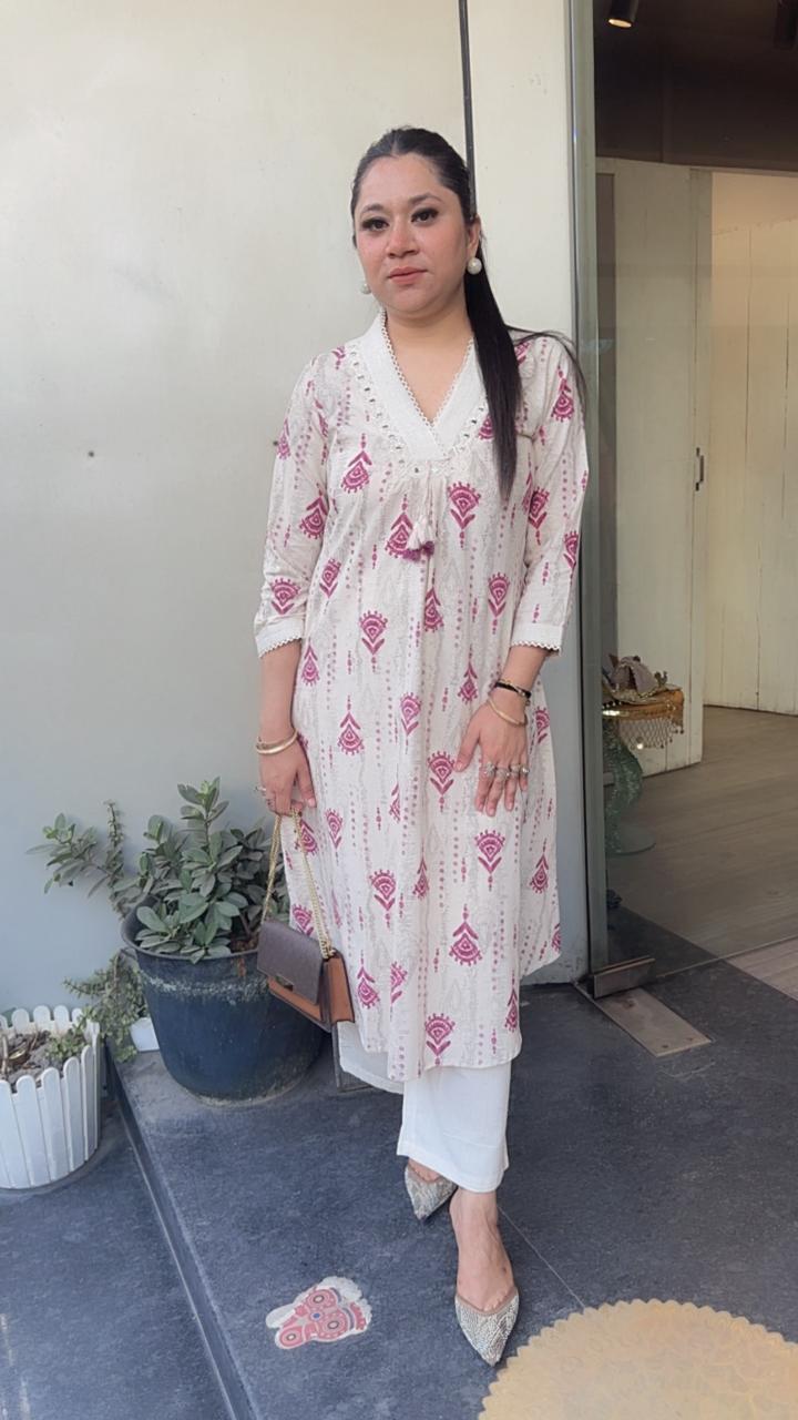 Tik Tok Magenta Ivory cotton Tunic Set