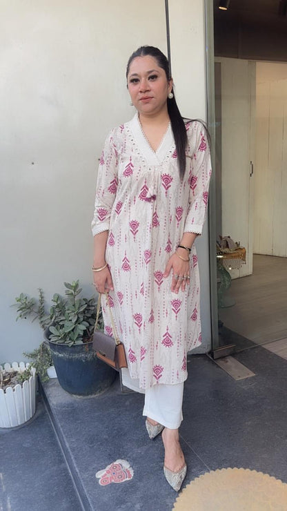 Tik Tok Magenta Ivory cotton Tunic Set