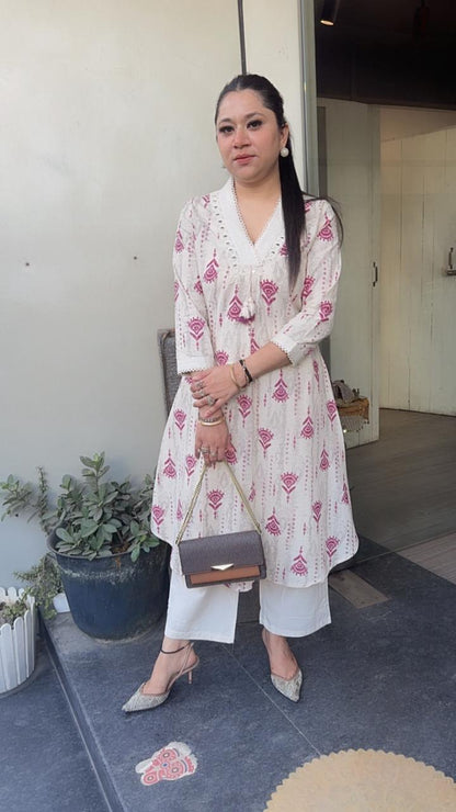 Tik Tok Magenta Ivory cotton Tunic Set